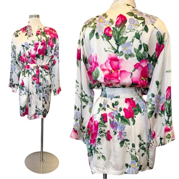 90s Victoria’s Secret 100% Silk Floral Hot Pink White Vintage Bridal Robe